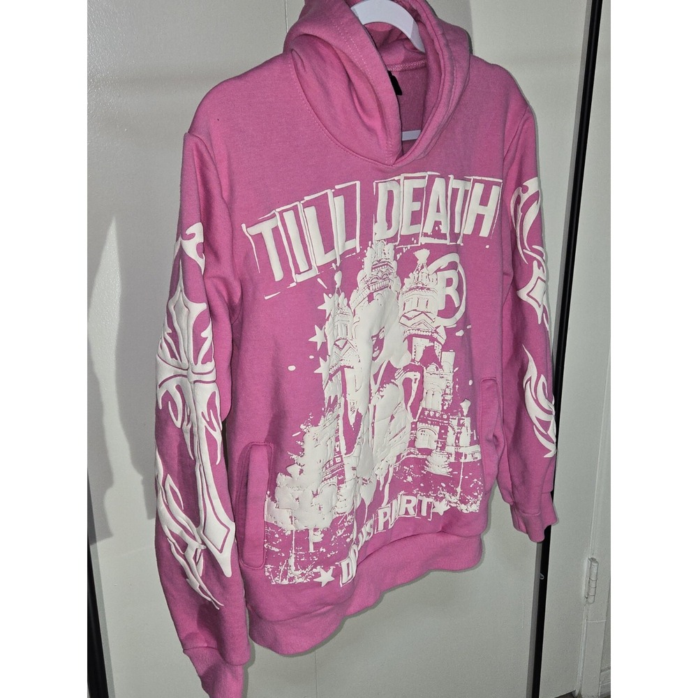 Flyeast Apparel Pink Till Death Do Us Part Graphic Hoodie Sweatshirt Medium - Picture 2 of 5
